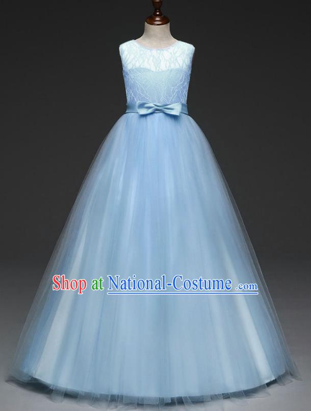 Children Models Show Costume Stage Performance Catwalks Compere Blue Veil Dress for Kids