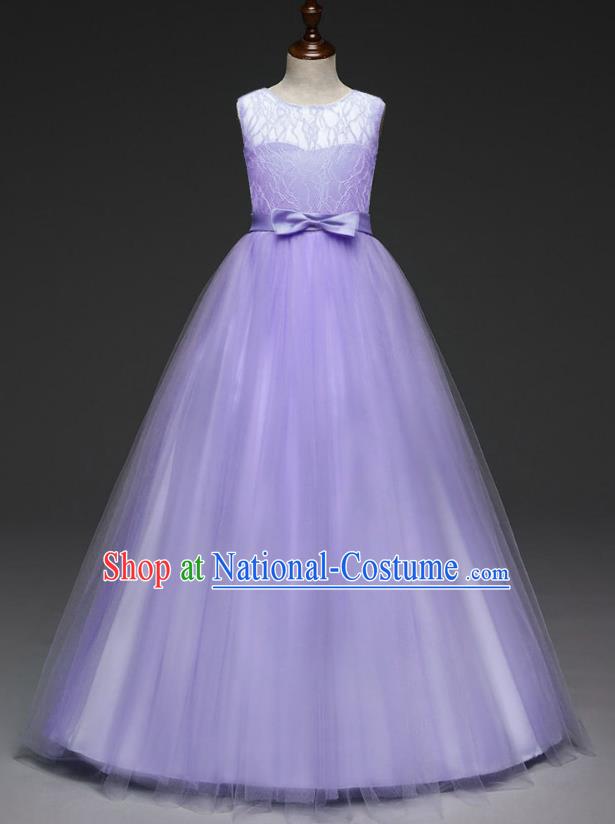 Children Models Show Costume Stage Performance Catwalks Compere Purple Veil Dress for Kids