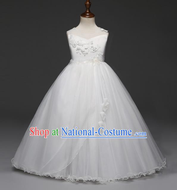 Children Models Show Costume Stage Performance Catwalks Compere Princess White Dress for Kids