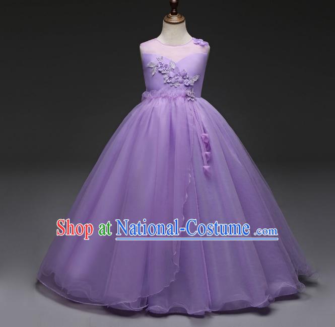 Children Models Show Costume Stage Performance Catwalks Compere Princess Purple Dress for Kids