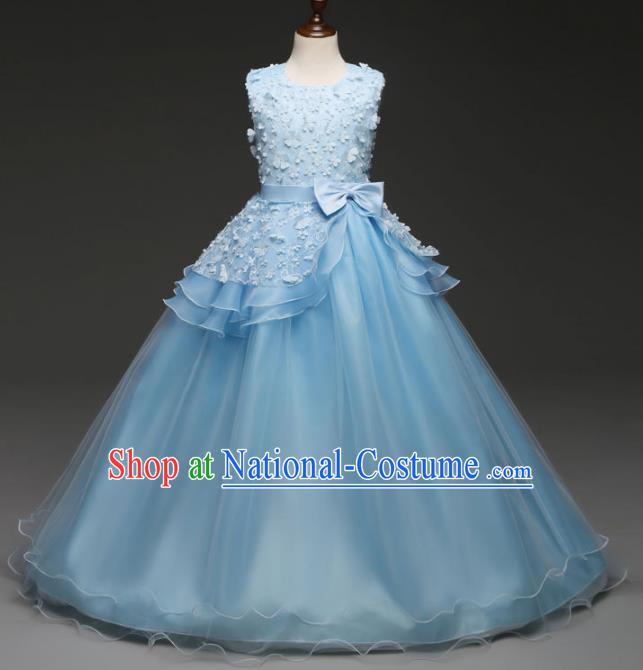 Children Models Show Costume Stage Performance Catwalks Compere Princess Blue Dress for Kids