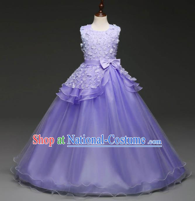 Children Models Show Costume Stage Performance Catwalks Compere Princess Purple Bubble Dress for Kids