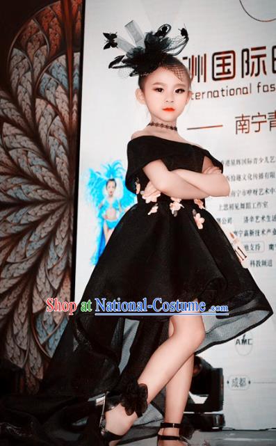 Children Models Show Costume Stage Performance Catwalks Compere Black Trailing Bubble Dress for Kids