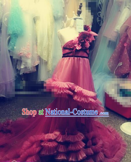 Children Models Show Costume Stage Performance Catwalks Pink Trailing Veil Dress for Kids