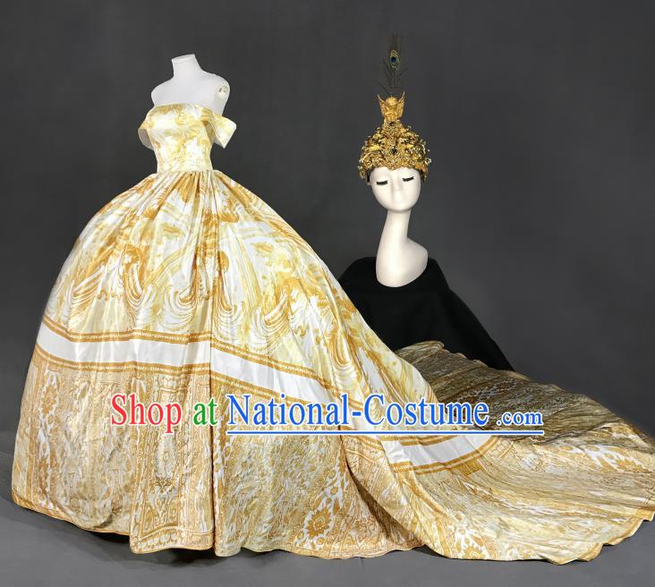 Top Grade Models Show Costume Stage Performance European Court Golden Full Dress for Women