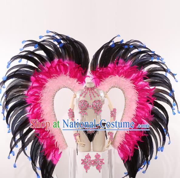 Top Grade Stage Performance Clothing Models Show Brazilian Rio Carnival Samba Dance Rosy Feather Costume and Wing for Women