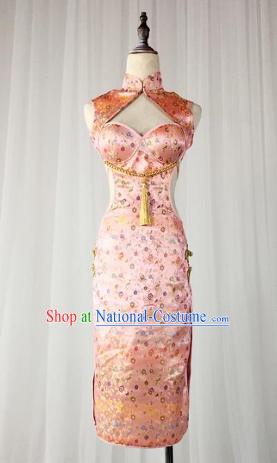 Top Grade Models Show Costume Stage Performance China Cheongsam Pink Full Dress for Women