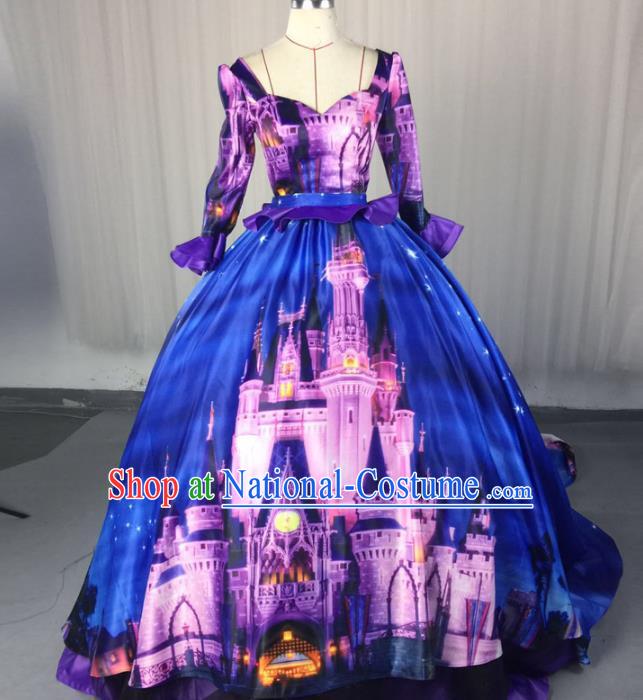 Top Grade Models Show Costume Stage Performance Catwalks Printing Blue Full Dress for Women