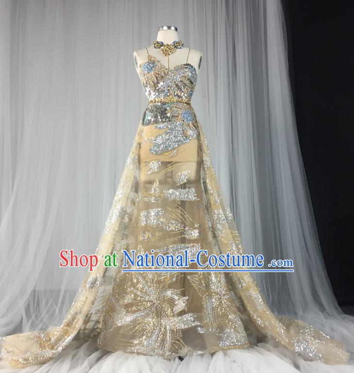 Top Grade Models Show Costume Stage Performance Catwalks Golden Full Dress for Women