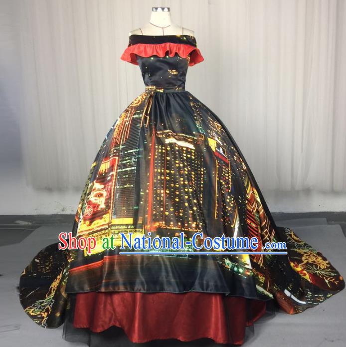 Top Grade Models Show Costume Stage Performance Catwalks Printing Black Full Dress for Women