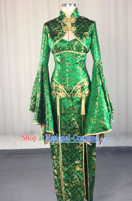 Top Grade Models Show Costume Stage Performance Catwalks Green Cheongsam Full Dress for Women