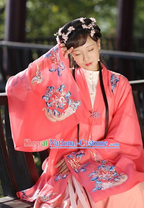 Ancient Chinese Ming Dynasty Palace Princess Costume Embroidered Red Cloak for Women