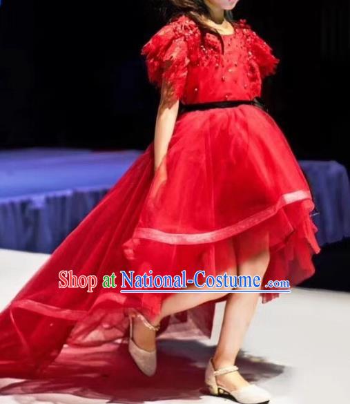 Children Models Show Costume Stage Performance Catwalks Compere Red Mullet Dress for Kids