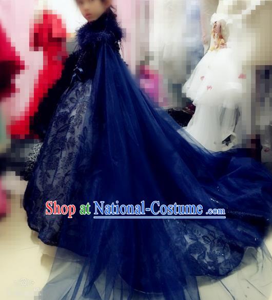 Children Models Show Costume Stage Performance Catwalks Compere Navy Veil Mullet Dress for Kids