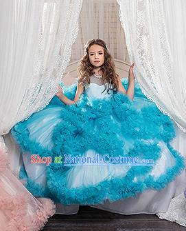 Children Models Show Costume Stage Performance Catwalks Compere Blue Veil Full Dress for Kids