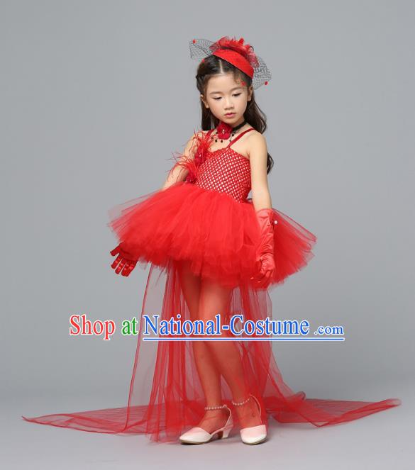 Children Models Show Costume Stage Performance Catwalks Compere Red Veil Trailing Dress for Kids