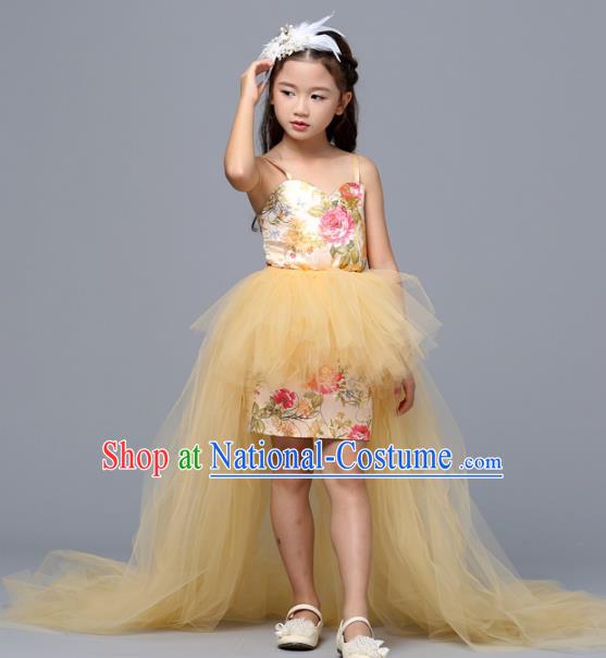 Children Models Show Costume Stage Performance Catwalks Compere Yellow Veil Dress for Kids