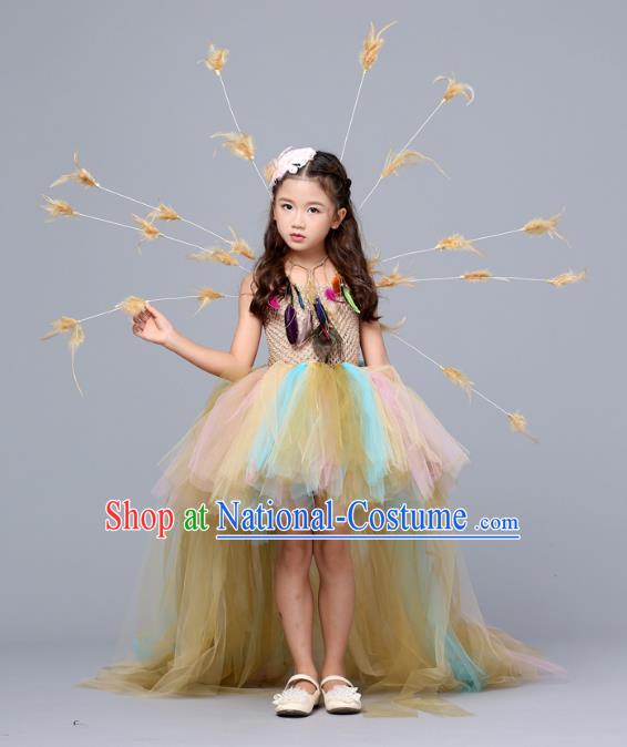 Children Models Show Costume Stage Performance Catwalks Compere Yellow Veil Trailing Dress for Kids