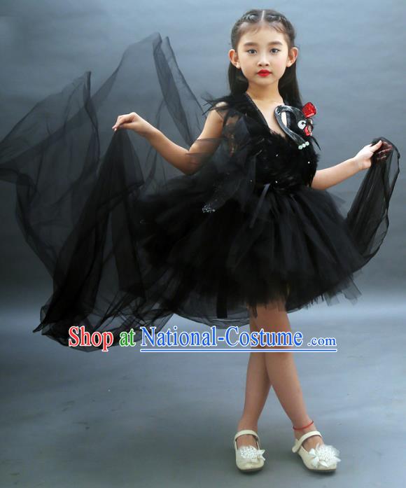 Children Models Show Costume Stage Performance Catwalks Compere Black Veil Dress for Kids