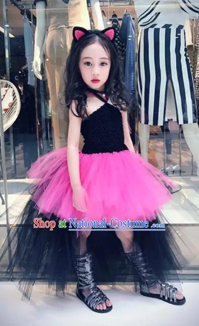 Children Models Show Costume Stage Performance Catwalks Compere Rosy Veil Bubble Dress for Kids