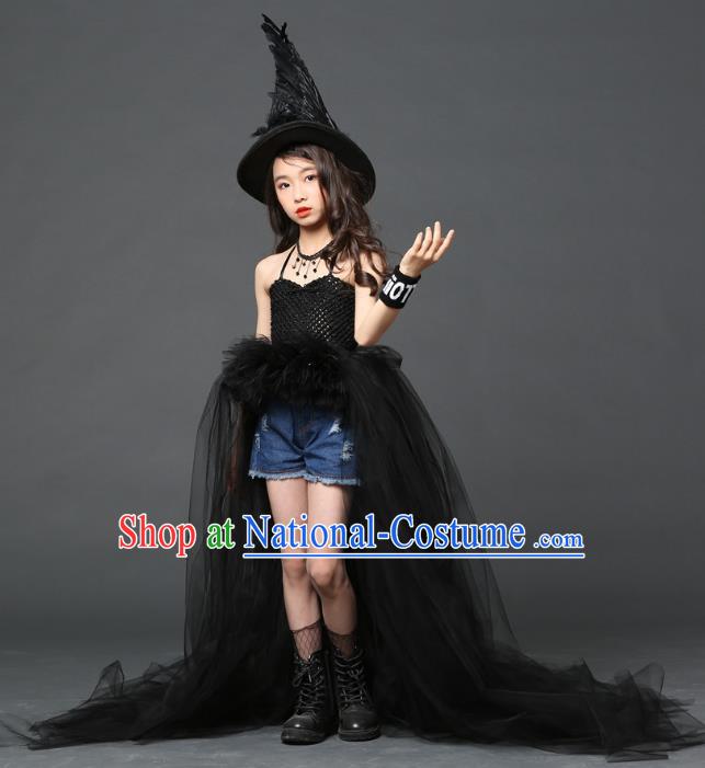 Children Models Show Costume Stage Performance Catwalks Compere Black Veil Dress and Hat for Kids