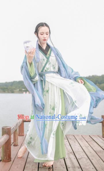 Chinese Jin Dynasty Princess Costume Ancient Nobility Lady Printing Bamboo Hanfu Dress for Women