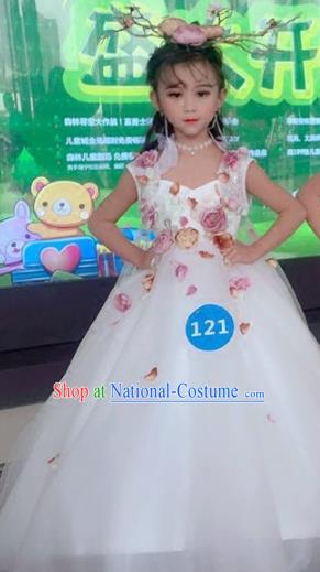 Children Models Show Costume Stage Performance Catwalks Compere Flower Fairy Veil Dress and Hat for Kids