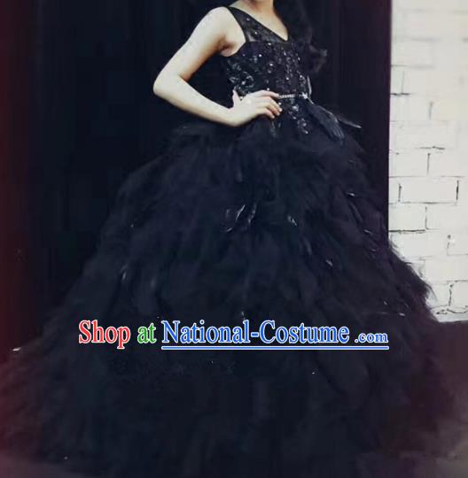 Children Models Show Costume Stage Performance Catwalks Compere Black Feather Dress for Kids