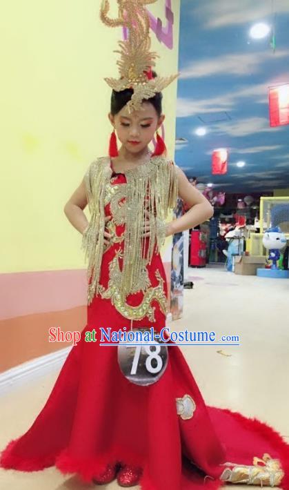 Children Models Show Costume Stage Performance Chinese Catwalks Compere Red Cheongsam Dress for Kids