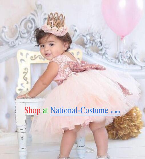 Children Models Show Costume Catwalks Stage Performance Pink Bowknot Dress for Kids