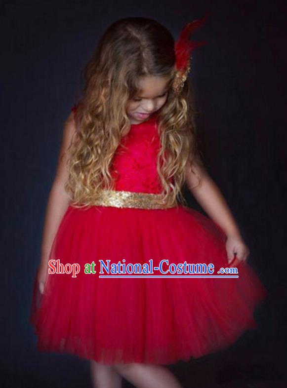 Children Models Show Costume Catwalks Stage Performance Bowknot Red Veil Dress for Kids