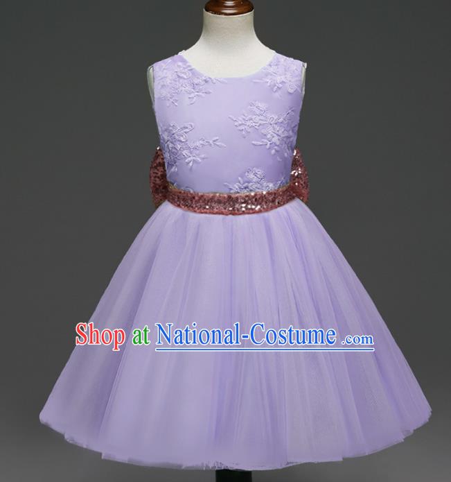 Children Models Show Costume Catwalks Stage Performance Bowknot Purple Veil Dress for Kids