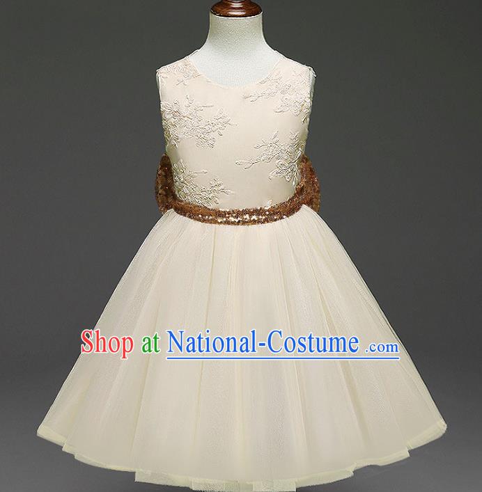 Children Models Show Costume Catwalks Stage Performance Bowknot Champagne Veil Dress for Kids