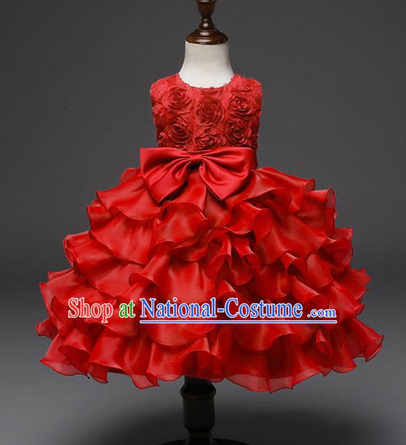 Top Grade Children Catwalks Costume Princess Stage Performance Bowknot Red Bubble Dress for Kids