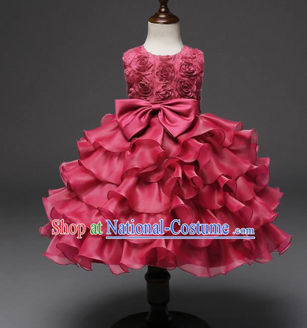 Top Grade Children Catwalks Costume Princess Stage Performance Bowknot Wine Red Bubble Dress for Kids