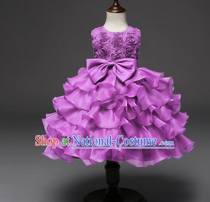 Top Grade Children Catwalks Costume Princess Stage Performance Bowknot Purple Bubble Dress for Kids