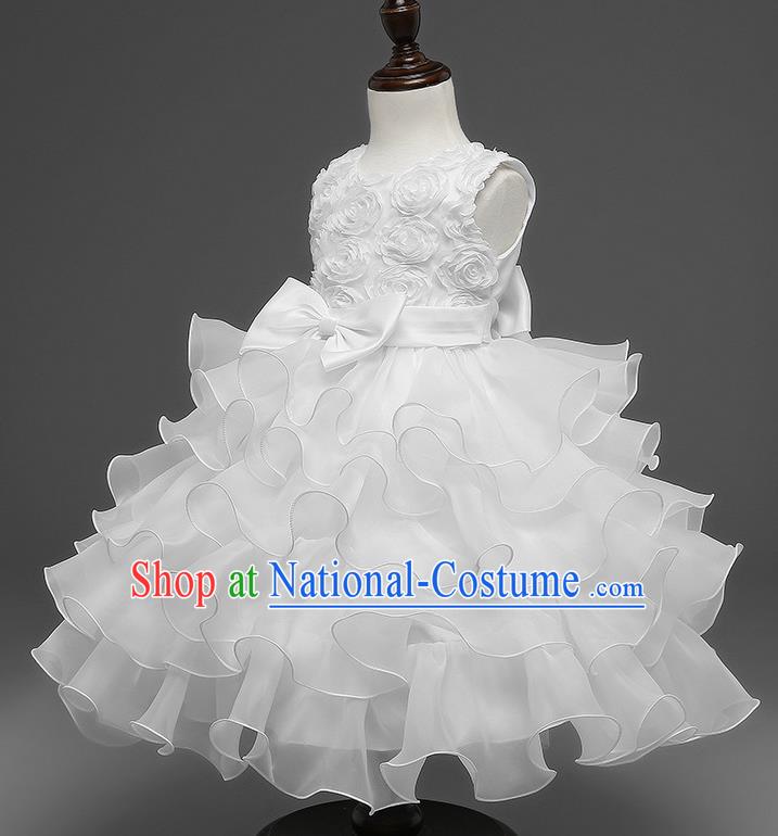 Top Grade Children Catwalks Costume Princess Stage Performance Bowknot White Bubble Dress for Kids