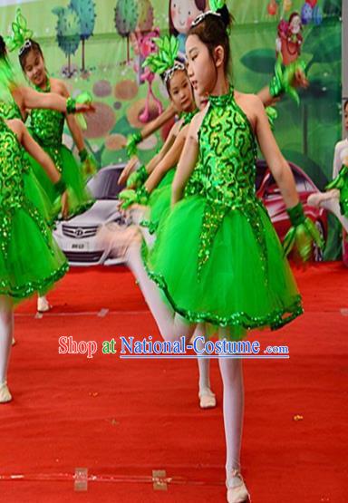 Top Grade Children Catwalks Costume Folk Dance Stage Performance Green Dress for Kids