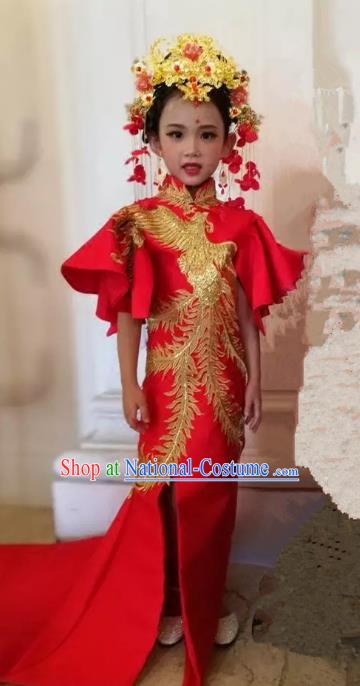 Children Models Show Costume Stage Performance Catwalks Red Cheongsam Mullet Dress for Kids