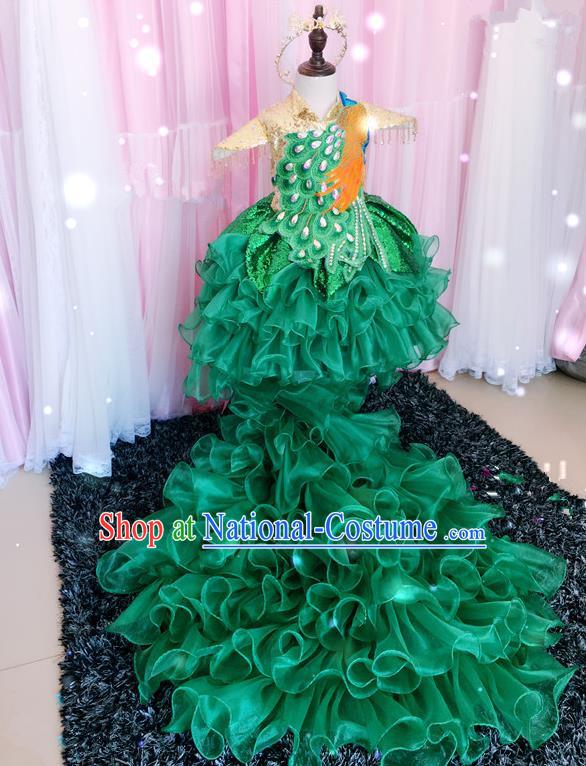 Top Grade Children Catwalks Costume Modern Dance Stage Performance Peacock Trailing Dress for Kids