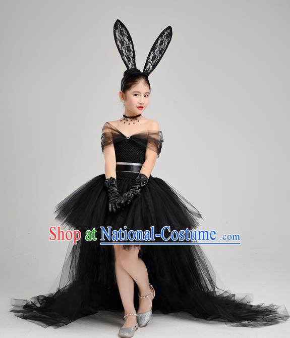 Top Grade Children Catwalks Costume Modern Dance Stage Performance Black Veil Trailing Dress for Kids