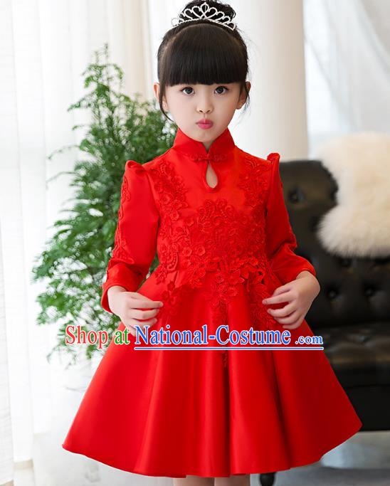 Top Grade Children Catwalks Costume Modern Dance Stage Performance Red Lace Cheongsam Dress for Kids