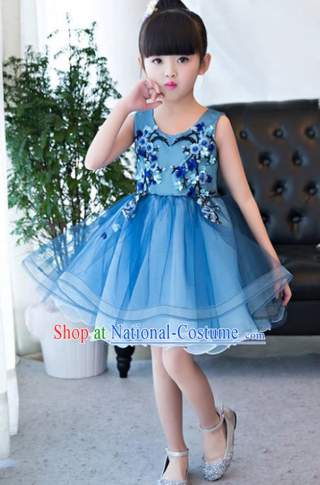 Children Catwalks Flower Fairy Costume Modern Dance Stage Performance Compere Blue Bubble Full Dress for Kids