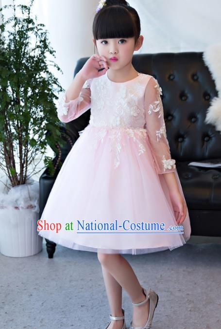 Children Catwalks Flower Fairy Costume Modern Dance Stage Performance Compere Pink Bubble Full Dress for Kids