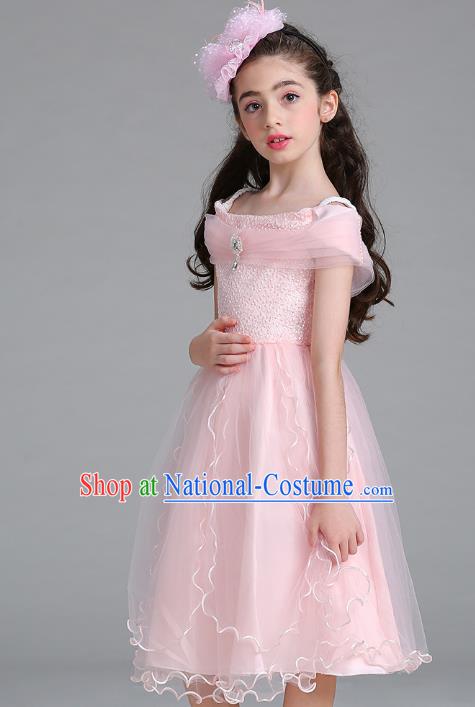 Children Models Show Compere Costume Stage Performance Catwalks Pink Full Dress for Kids