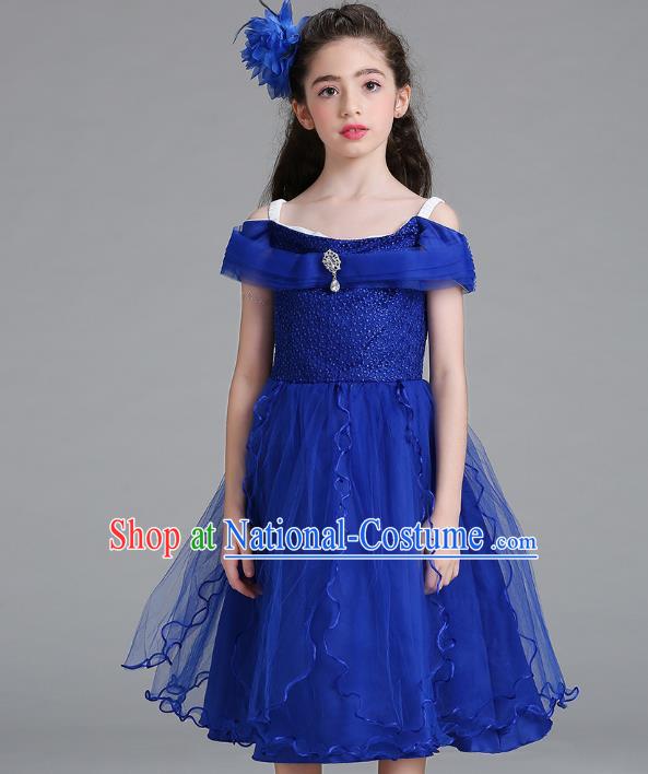 Children Models Show Compere Costume Stage Performance Catwalks Royalblue Full Dress for Kids