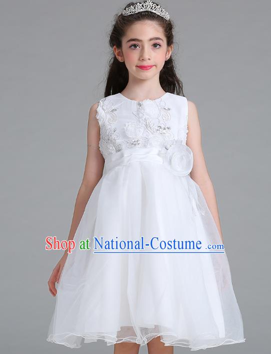 Children Models Show Compere Costume Stage Performance Catwalks White Veil Full Dress for Kids