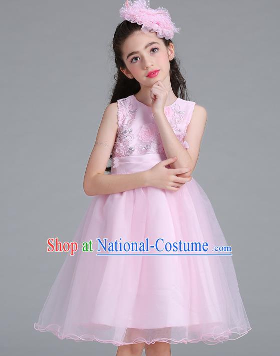 Children Models Show Compere Costume Stage Performance Catwalks Pink Veil Full Dress for Kids