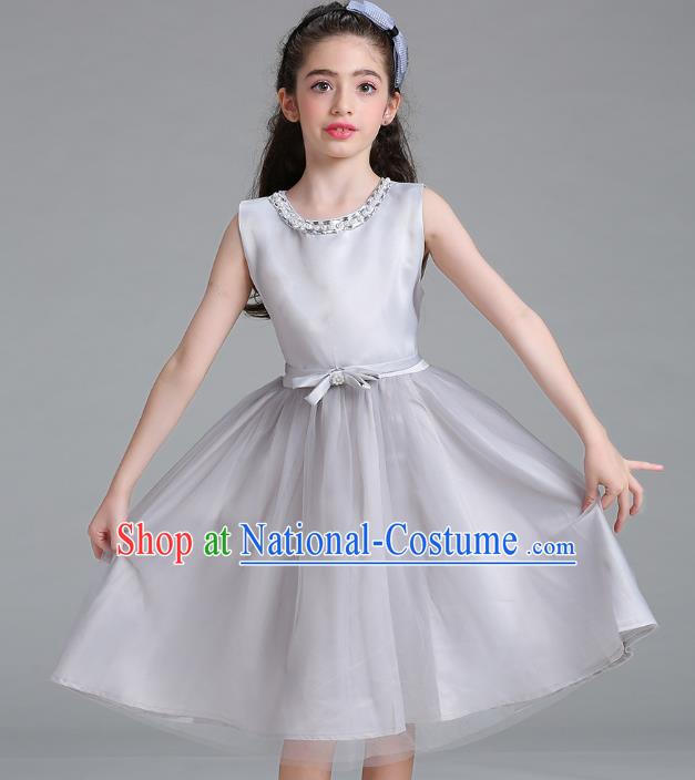 Children Models Show Compere Costume Stage Performance Catwalks Grey Veil Full Dress for Kids