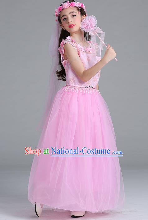 Children Models Show Compere Costume Stage Performance Catwalks Pink Lace Veil Full Dress for Kids